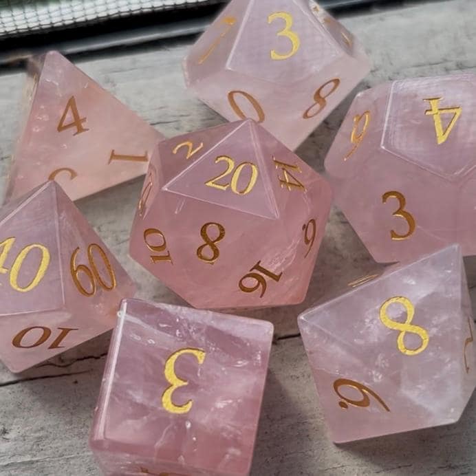 Rose Quartz Engraved 7 Piece Dice Set DND