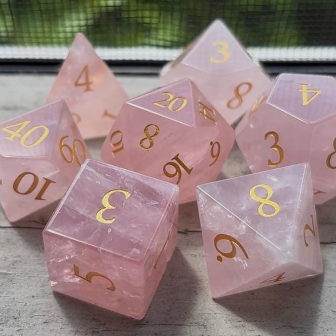 Rose Quartz Engraved 7 Piece Dice Set DND