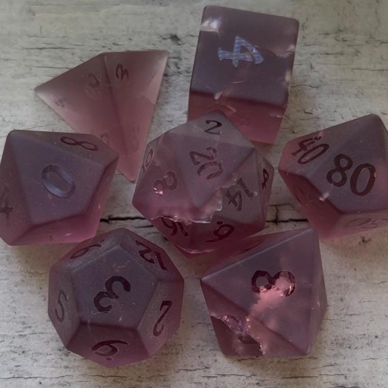 Dusty Mauve Purple Lightning Cracked Glass 7 Piece Dice Set DND