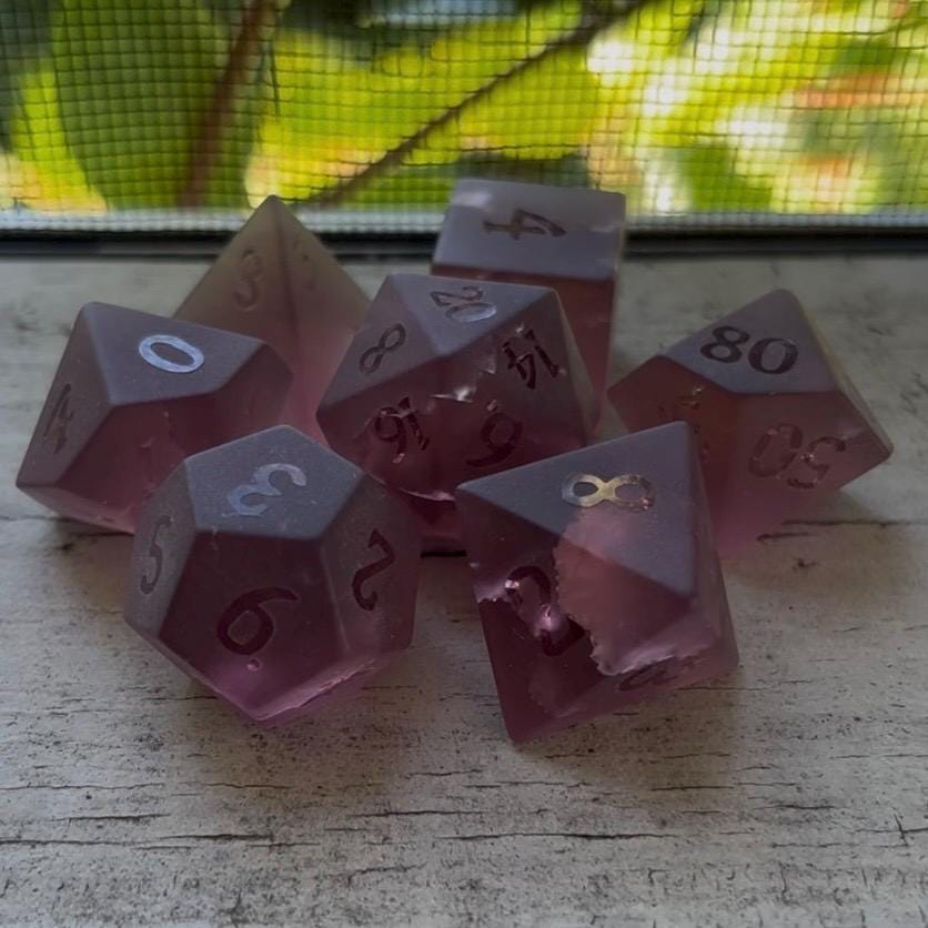Dusty Mauve Purple Lightning Cracked Glass 7 Piece Dice Set DND