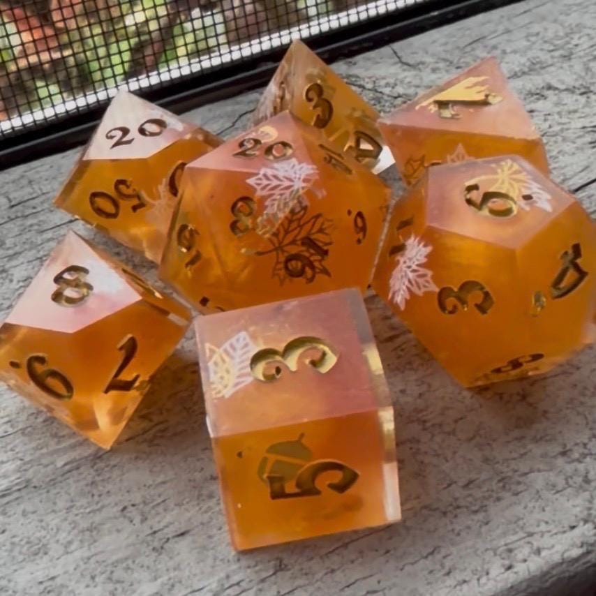 Red Orange Fall Leaf 7 Piece Autumn Resin Dice Set DND