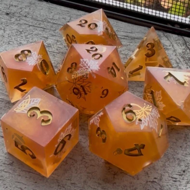 Red Orange Fall Leaf 7 Piece Autumn Resin Dice Set DND