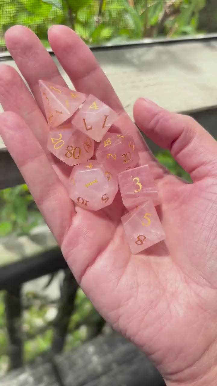 Rose Quartz Engraved 7 Piece Dice Set DND
