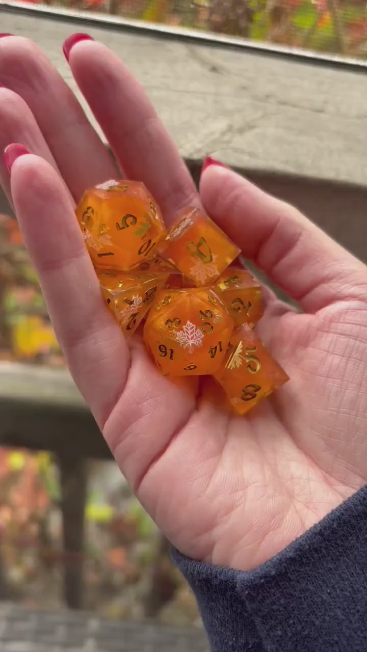 Red Orange Fall Leaf 7 Piece Autumn Resin Dice Set DND